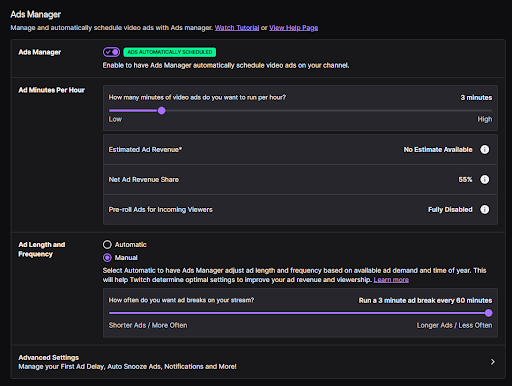 Twitch Ads Manager set to 3 ad minutes per hour, showing a 55% net ad revenue share, pre-roll fully disabled, and a manual 3-minute ad break every 60 minutes