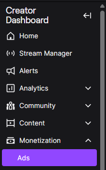 Twitch Creator Dashboard sidebar with the Monetization menu expanded and Ads selected